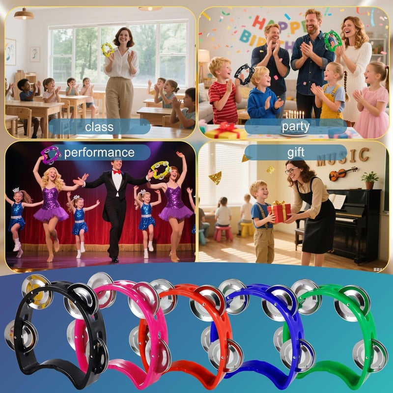 TENINYU Pack of 5 Half Moon Musical Tambourine, Double Row Metal 4 Jingle Bells Mini Hand Held Percussion Drum with Ergonomic Handle Grip (5 Color) - Image 4
